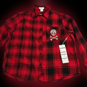 New Red and black Plaid button up shirt Rhinestone Skull On Front Pocket Size L
